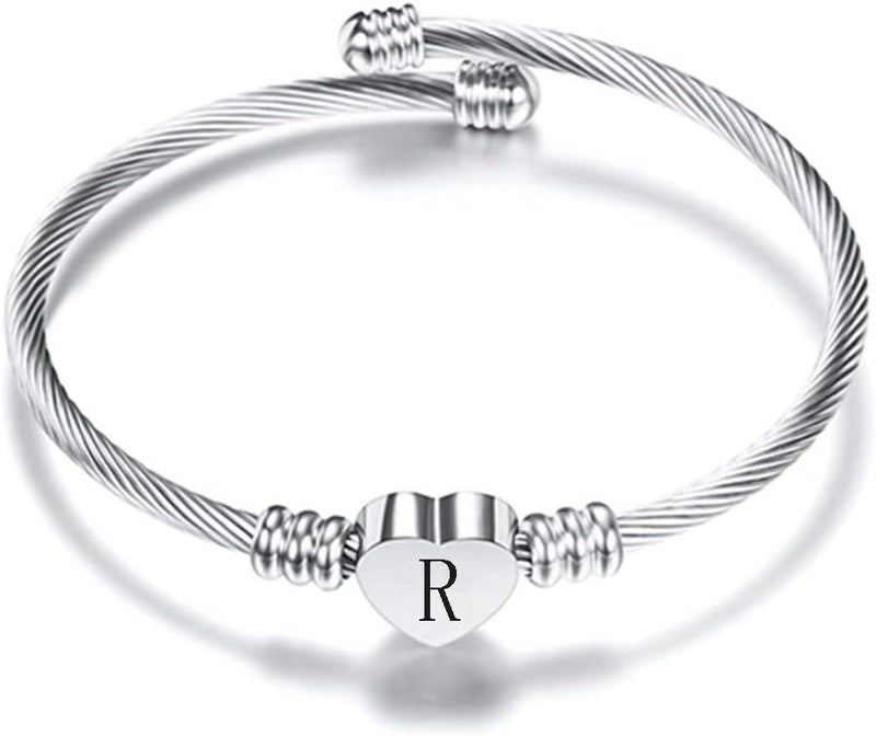 VQYSKO Silver Heart Initials Bracelet-A-Z Stainless Steel Engraved Charm Bracelet, Woman Jewelry Birthday Festival Gift - Image 1